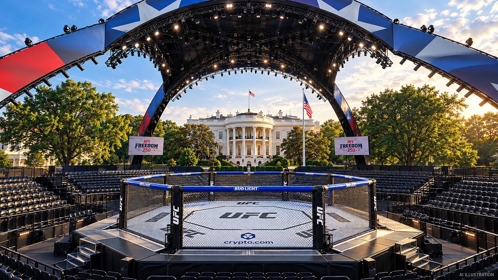 AI illustration of the UFC Freedom 250 Octagon, Claw canopy and White House South Lawn